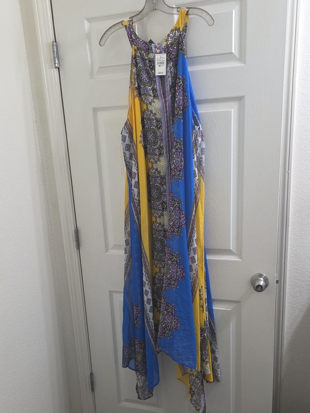 Ashley Stewart Blue and Yellow Asymmetrical Maxi Dress